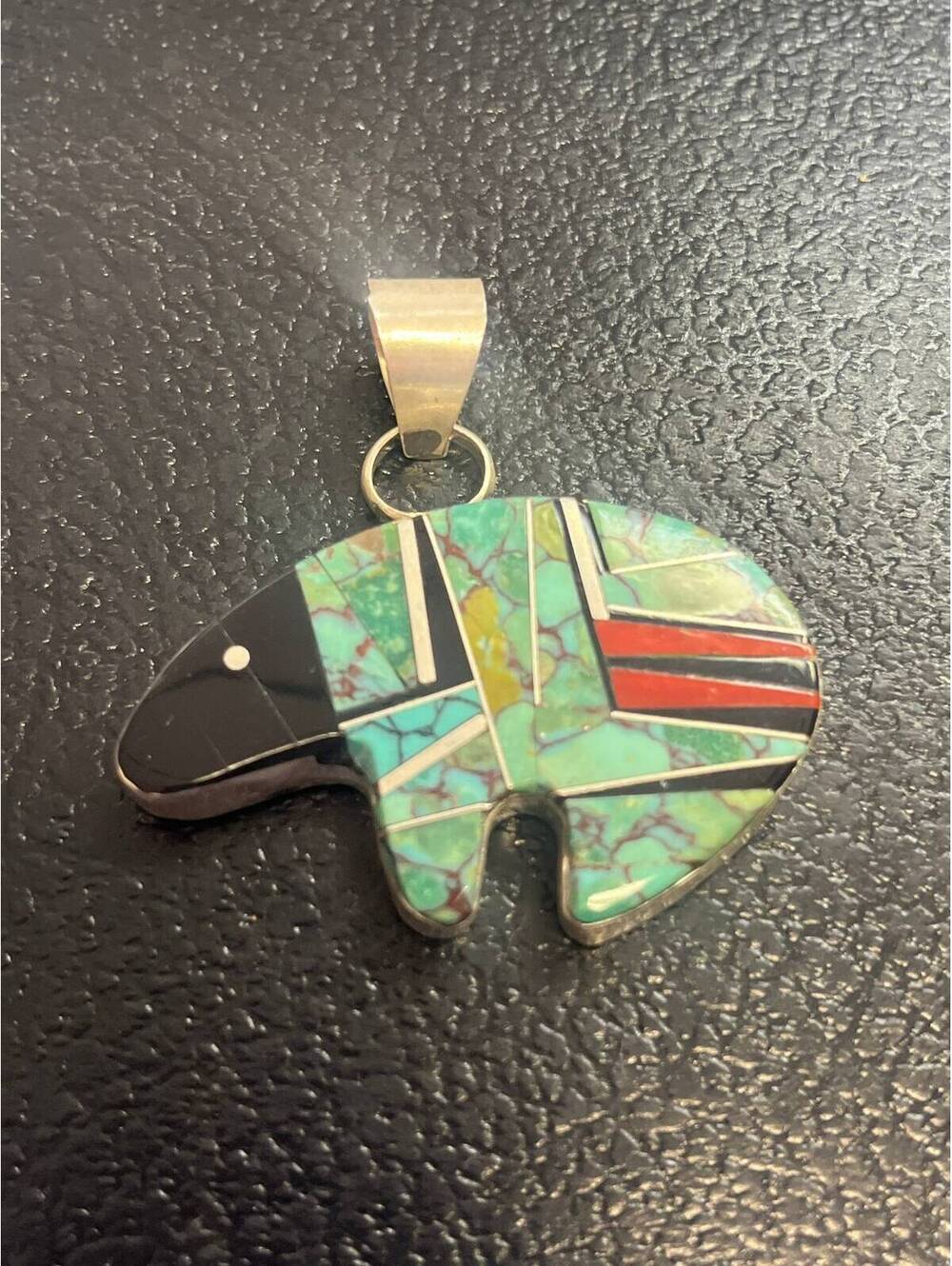 Native American Navajo handmade sterling silver bear turquoise inlay pendant
